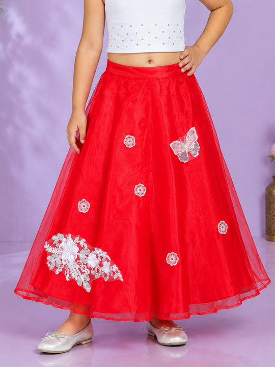 Kiddopanti Girls Polyester Woven Layered Organza Printed With Appliques Flared Skirt