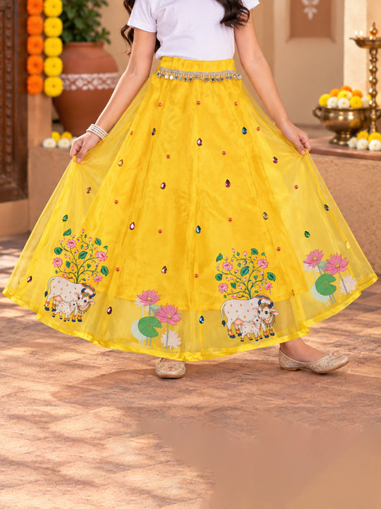 Kiddopanti Girls Georgette Woven Paisley & Floral Ethnic Printed Layered Organza Flared Skirt