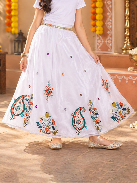 Kiddopanti Girls Georgette Woven Paisley & Floral Ethnic Printed Layered Organza Flared Skirt