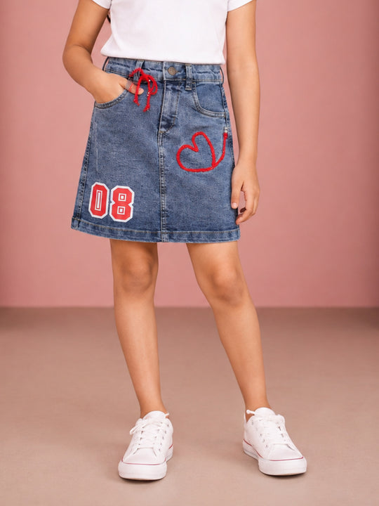 Kiddopanti Girls Denim Woven Red Crochet Heart With Bow And Aplique Detailed Skirt