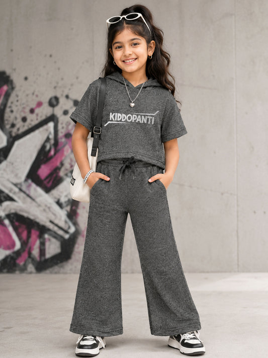 Kiddopanti Girls Cotton Knit Half Sleeves Kiddopanti Printed Hooded Sweatshirt & Flared Pant Coordinate Set