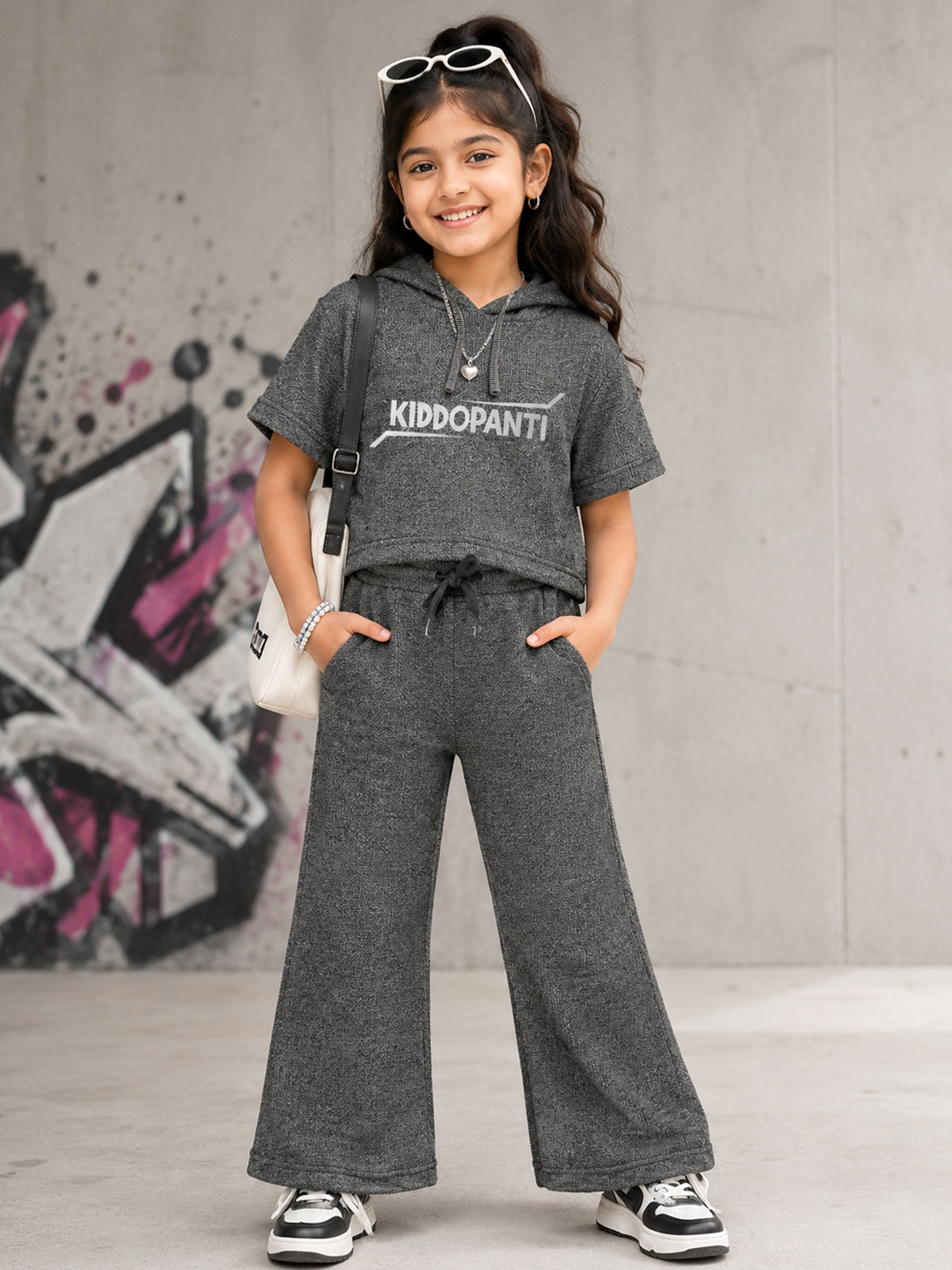Kiddopanti Girls Cotton Knit Half Sleeves Kiddopanti Printed Hooded Sweatshirt & Flared Pant Coordinate Set