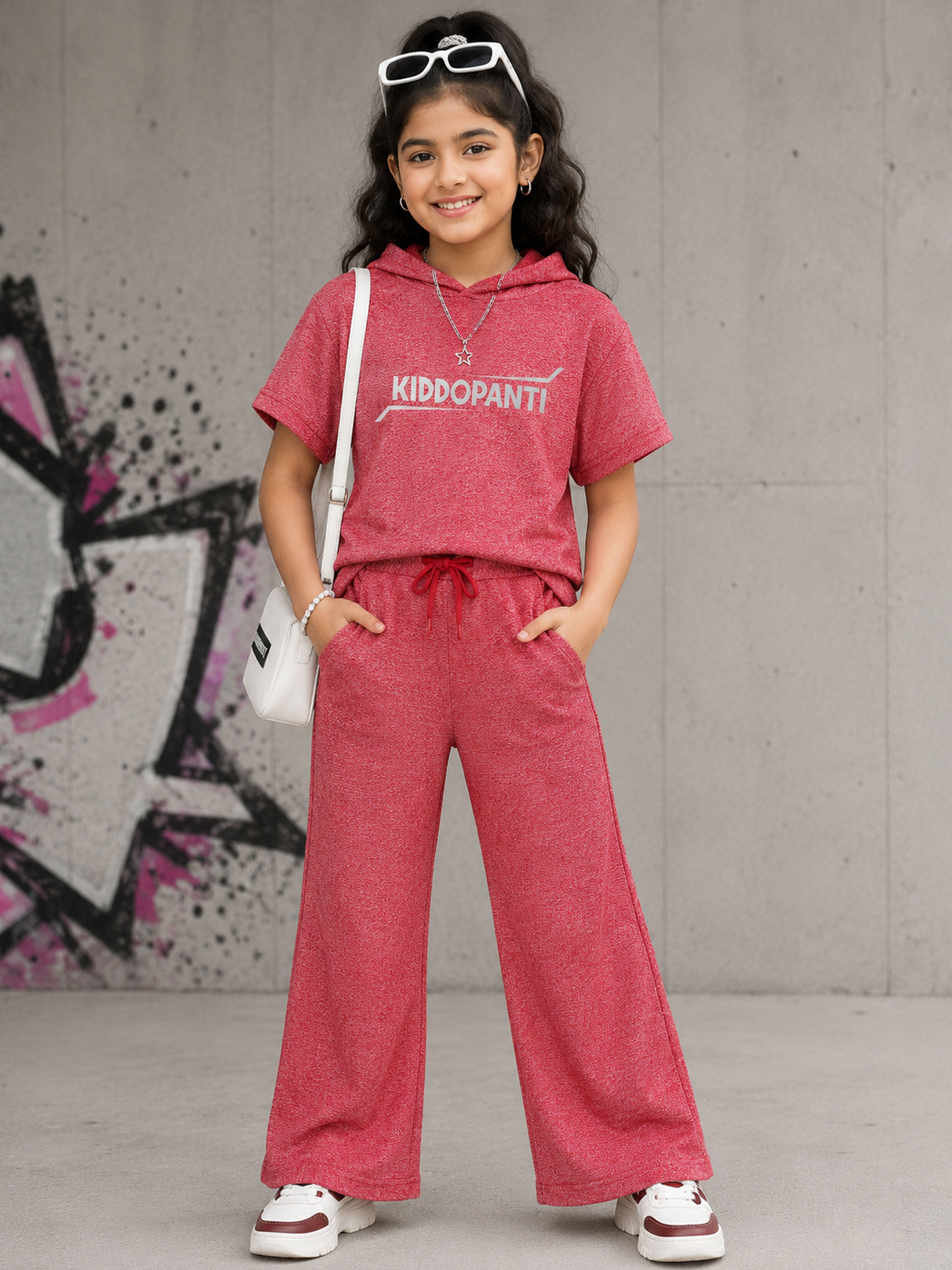 Kiddopanti Girls Cotton Knit Half Sleeves Kiddopanti Printed Hooded Sweatshirt & Flared Pant Coordinate Set