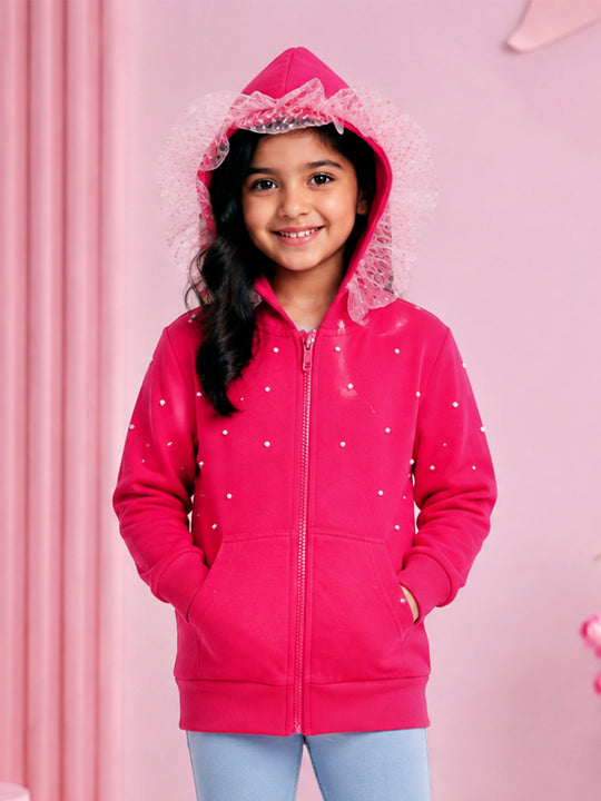 Kiddopanti Girls Cotton Fleece Full Sleeves Front Zip Open Graphic Printed Hooded Sweatshirt