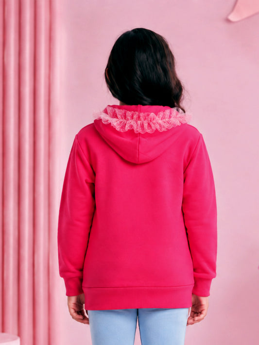 Kiddopanti Girls Cotton Fleece Full Sleeves Front Zip Open Graphic Printed Hooded Sweatshirt