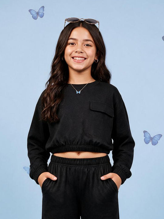 Kiddopanti Girls Cotton Fleece Solid Crop Sweatshirt with Flap Pocket