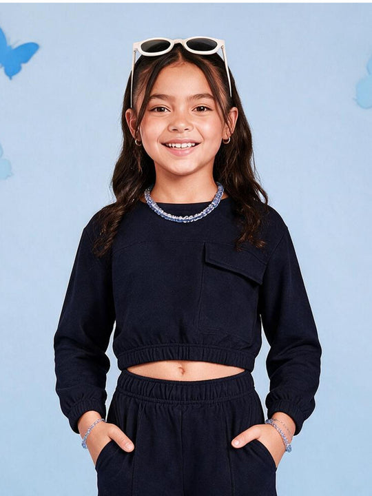 Kiddopanti Girls Cotton Fleece Solid Crop Sweatshirt with Flap Pocket