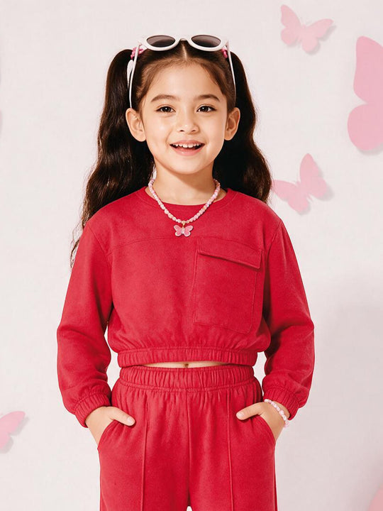 Kiddopanti Girls Cotton Fleece Solid Crop Sweatshirt with Flap Pocket