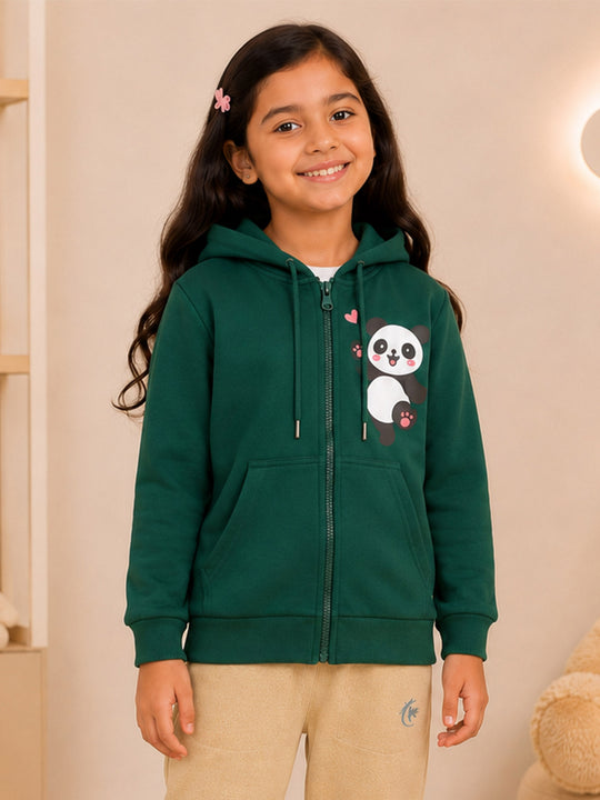 Kiddopant Girls Cotton Blend Fleece Full Sleeves Front Zip Open Printed Hooded Sweatshirt