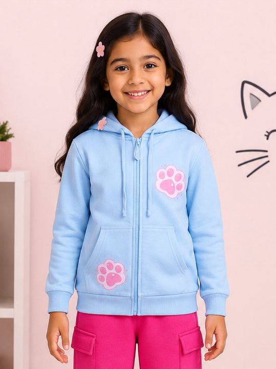 Kiddopant Girls Cotton Blend Fleece Full Sleeves Front Zip Open Printed Hooded Sweatshirt