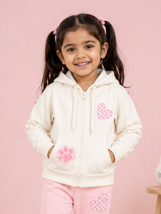 Kiddopant Girls Cotton Blend Fleece Full Sleeves Front Zip Open Printed Hooded Sweatshirt