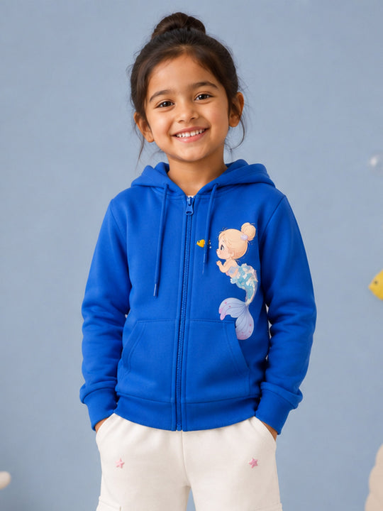 Kiddopant Girls Cotton Blend Fleece Full Sleeves Front Zip Open Printed Hooded Sweatshirt