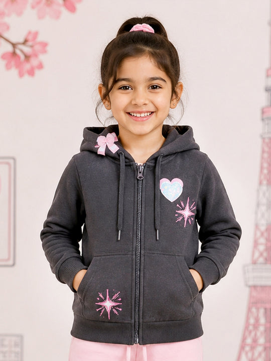 Kiddopant Girls Cotton Blend Fleece Full Sleeves Front Zip Open Printed Hooded Sweatshirt