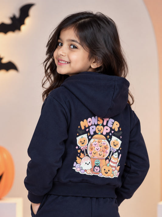 Kiddopanti Girls Fleece Monster Pop Halloween Front & Back Graphic Zip Front Hooded Crop Length Sweatshirt