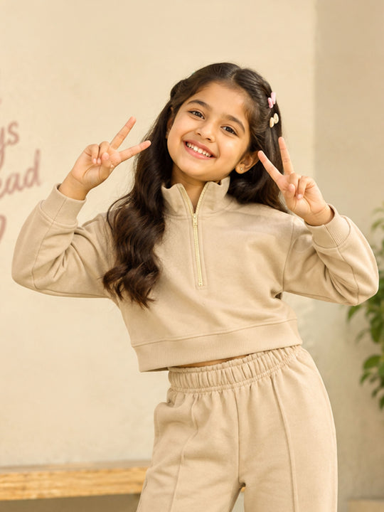 Kiddopanti Girls Cotton Loop Knit Fleece Half Zip Crop Length Sweatshirt