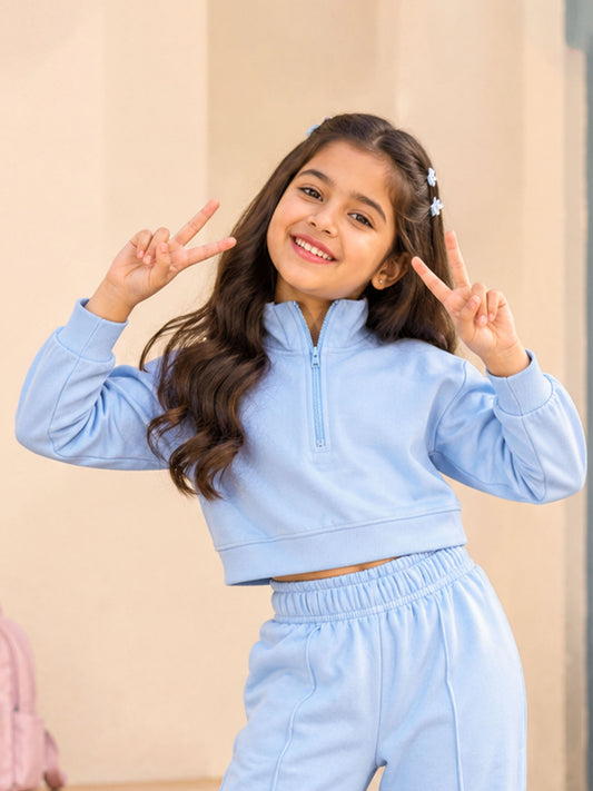 Kiddopanti Girls Cotton Loop Knit Fleece Half Zip Crop Length Sweatshirt
