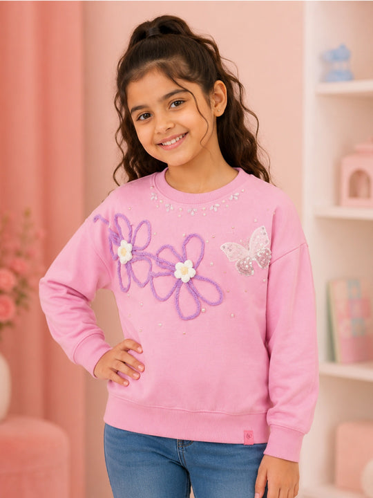 Kiddopanti Girls Fleece Round Neck Sweatshirt with Applique & Pearl Embellishment