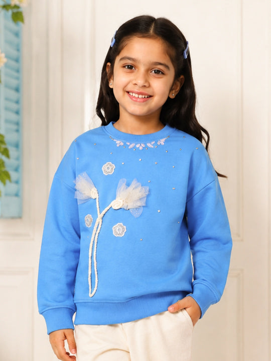Kiddopanti Girls Fleece Round Neck Sweatshirt with Applique & Pearl Embellishment