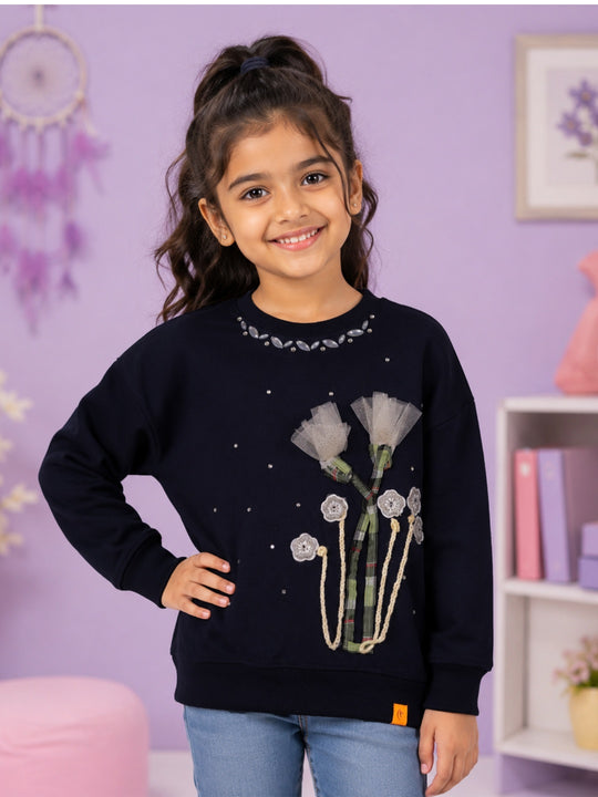 Kiddopanti Girls Fleece Round Neck Sweatshirt with Applique & Pearl Embellishment
