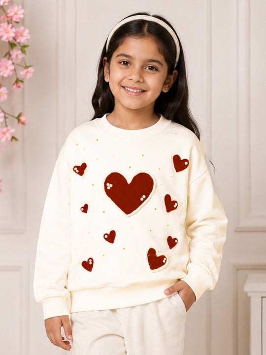 Kiddopanti Girls Fleece Round Neck Sweatshirt with Applique & Pearl Embellishment