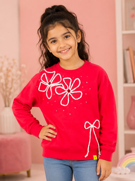 Kiddopanti Girls Fleece Round Neck Sweatshirt with Applique & Pearl Embellishment