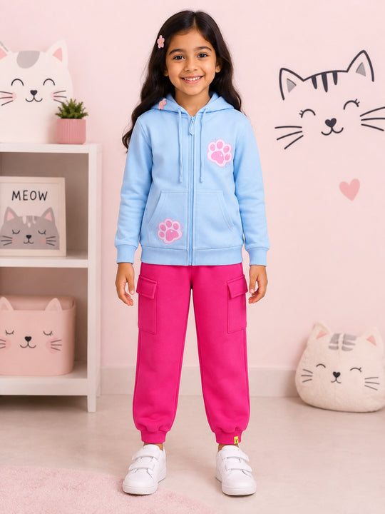 Kiddopanti Girls Cotton Fleece Cool Cat Back Graphic Zip Front Hooded Sweatshirt & Fleece Cargo Joggers Co-ord Set