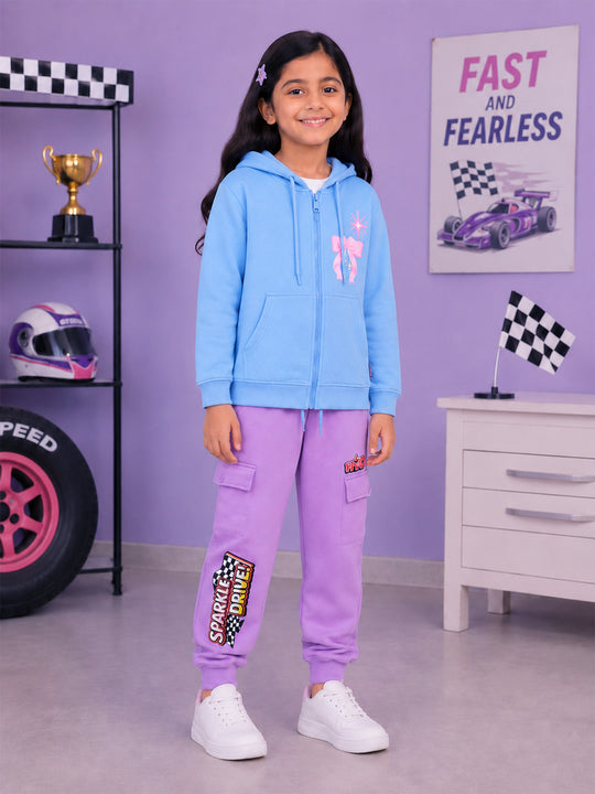 Kiddopanti Girls Cotton Fleece Graphic Zip Front Hooded Sweatshirt & Fleece Cargo Joggers Co-ord Set