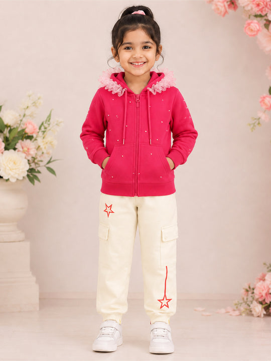 Kiddopanti Girls Cotton Fleece Graphic Zip Front Hooded Sweatshirt & Fleece Cargo Joggers Co-ord Set