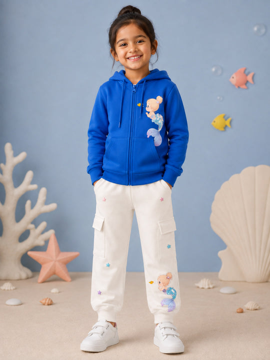 Kiddopanti Girls Cotton Fleece Graphic Zip Front Hooded Sweatshirt & Fleece Cargo Joggers Co-ord Set