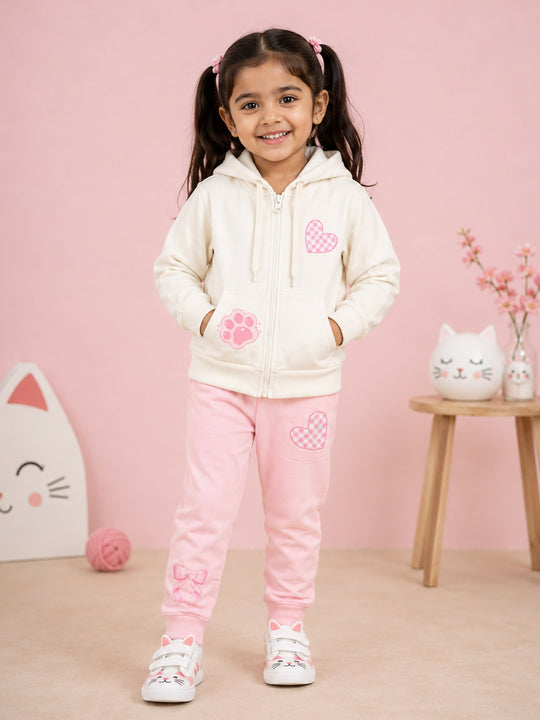 Kiddopanti Girls Cotton Fleece Printed Zip Front Hooded Sweatshirt & Graphic Fleece Track Pants Co-ord Set