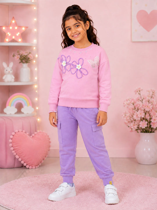 Kiddopanti Girls Cotton Fleece Full Sleeves Applique Sweatshirt & Cargo Jogger Track Pant Co-ord Set