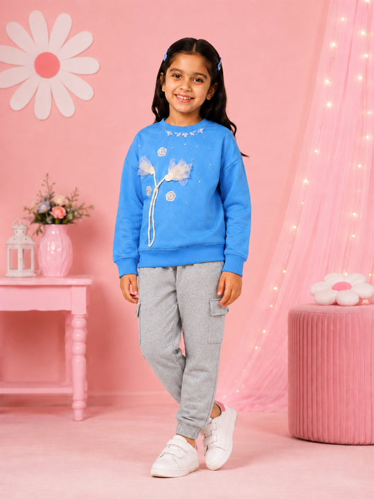 Kiddopanti Girls Cotton Fleece Full Sleeves Applique Sweatshirt & Cargo Jogger Track Pant Co-ord Set