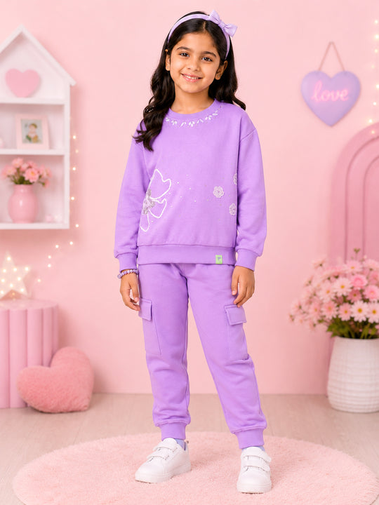 Kiddopanti Girls Cotton Fleece Full Sleeves Applique Sweatshirt & Cargo Jogger Track Pant Co-ord Set