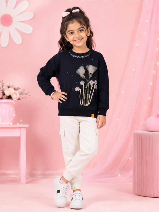 Kiddopanti Girls Cotton Fleece Full Sleeves Applique Sweatshirt & Cargo Jogger Track Pant Co-ord Set