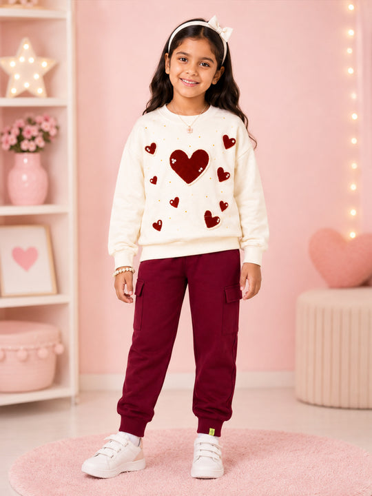 Kiddopanti Girls Cotton Fleece Full Sleeves Applique Sweatshirt & Cargo Jogger Track Pant Co-ord Set