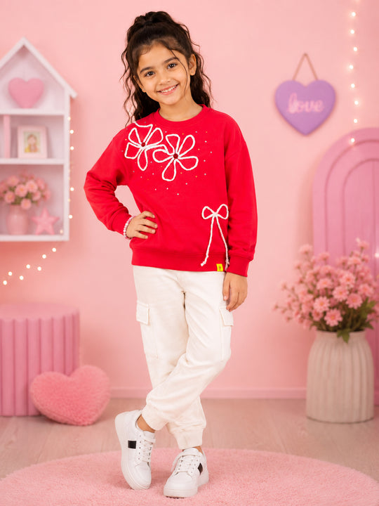 Kiddopanti Girls Cotton Fleece Full Sleeves Applique Sweatshirt & Cargo Jogger Track Pant Co-ord Set