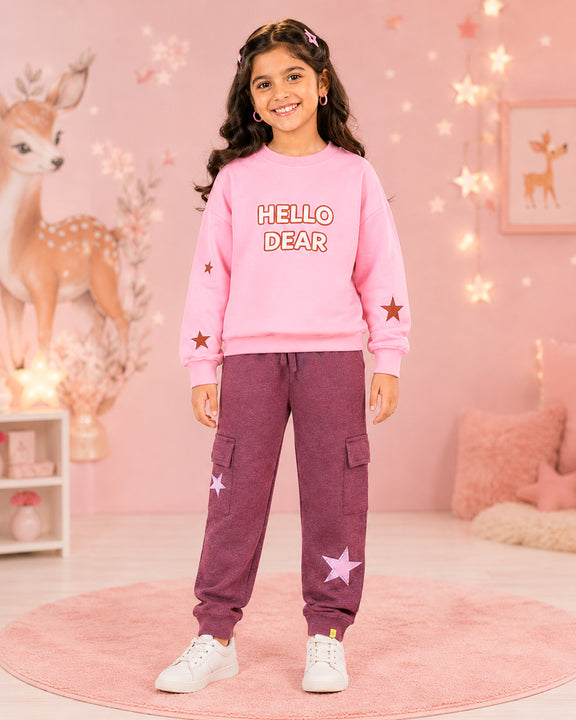 Kiddopanti Girls Fleece Graphic Printed Sweatshirt with Cargo Joggers Co-ord Set