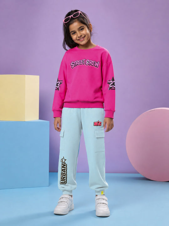 Kiddopanti Girls Fleece Graphic Printed Sweatshirt with Cargo Joggers Co-ord Set