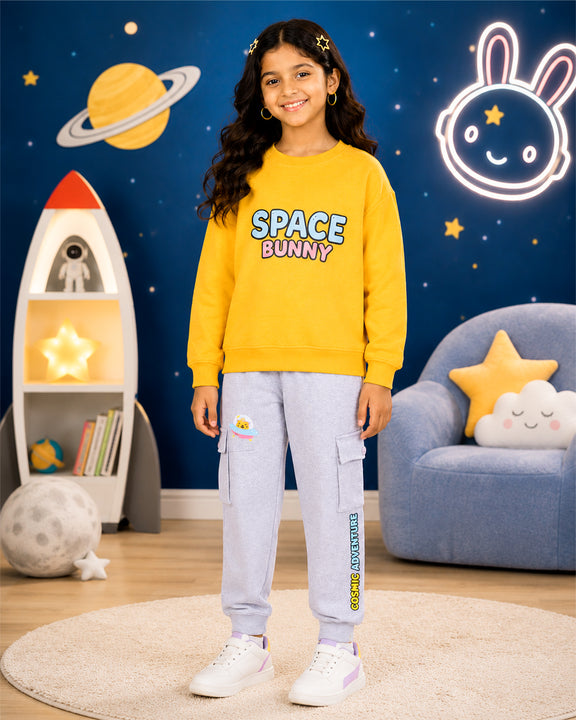 Kiddopanti Girls Fleece Graphic Printed Sweatshirt with Cargo Joggers Co-ord Set