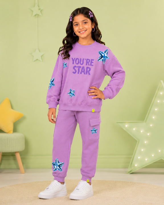 Kiddopanti Girls Fleece Graphic Printed Sweatshirt with Cargo Joggers Co-ord Set