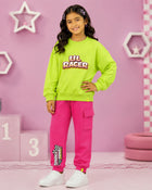 Kiddopanti Girls Fleece Graphic Printed Sweatshirt with Cargo Joggers Co-ord Set