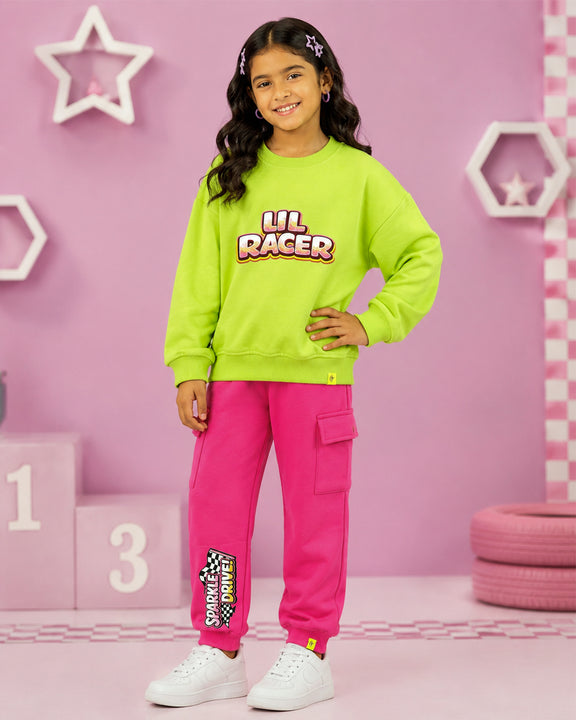 Kiddopanti Girls Fleece Graphic Printed Sweatshirt with Cargo Joggers Co-ord Set