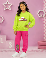 Kiddopanti Girls Fleece Graphic Printed Sweatshirt with Cargo Joggers Co-ord Set - Neon Green Lil Racer Sparkle/ Fushia Pink Sparkle Drive / 2-3Y