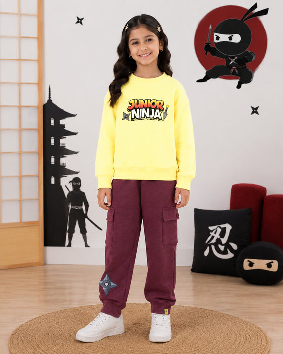 Kiddopanti Girls Fleece Graphic Printed Sweatshirt with Cargo Joggers Co-ord Set