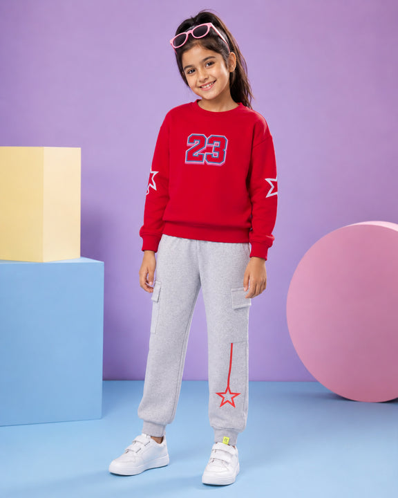 Kiddopanti Girls Fleece Graphic Printed Sweatshirt with Cargo Joggers Co-ord Set