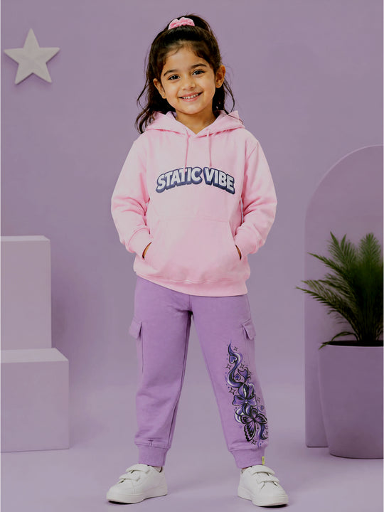 Kiddopanti Girls Cotton Blend Fleece Full Sleeves Hooded Sweatshirt & Graphic Printed  Cargo Track Pants Set