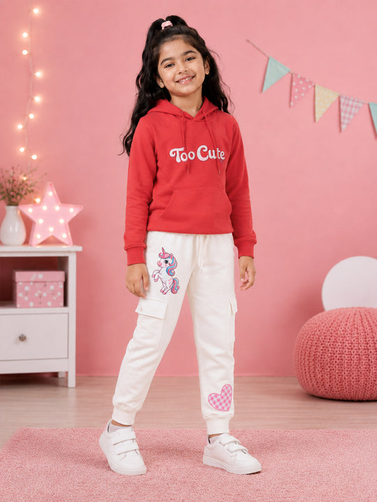 Kiddopanti Girls Cotton Blend Fleece Full Sleeves Hooded Sweatshirt & Graphic Printed  Cargo Track Pants Set