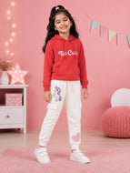 Kiddopanti Girls Cotton Blend Fleece Full Sleeves Hooded Sweatshirt & Graphic Printed  Cargo Track Pants Set - Coral Too Cute Unicorn/ Off White Unicorn & Gingham Heart / 3-4Y