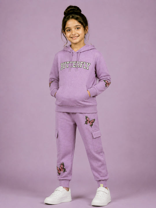 Kiddopanti Girls Cotton Blend Fleece Full Sleeves Hooded Sweatshirt & Graphic Printed  Cargo Track Pants Set