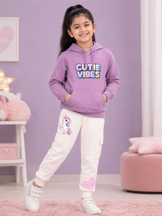 Kiddopanti Girls Cotton Blend Fleece Full Sleeves Hooded Sweatshirt & Graphic Printed  Cargo Track Pants Set